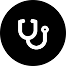 Black roundel with a white image of a stethoscope representing the Facial-Flex clinical trials which relate to medical and dental issues