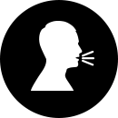 Black roundel with a white face with lines from mouth indicating speech