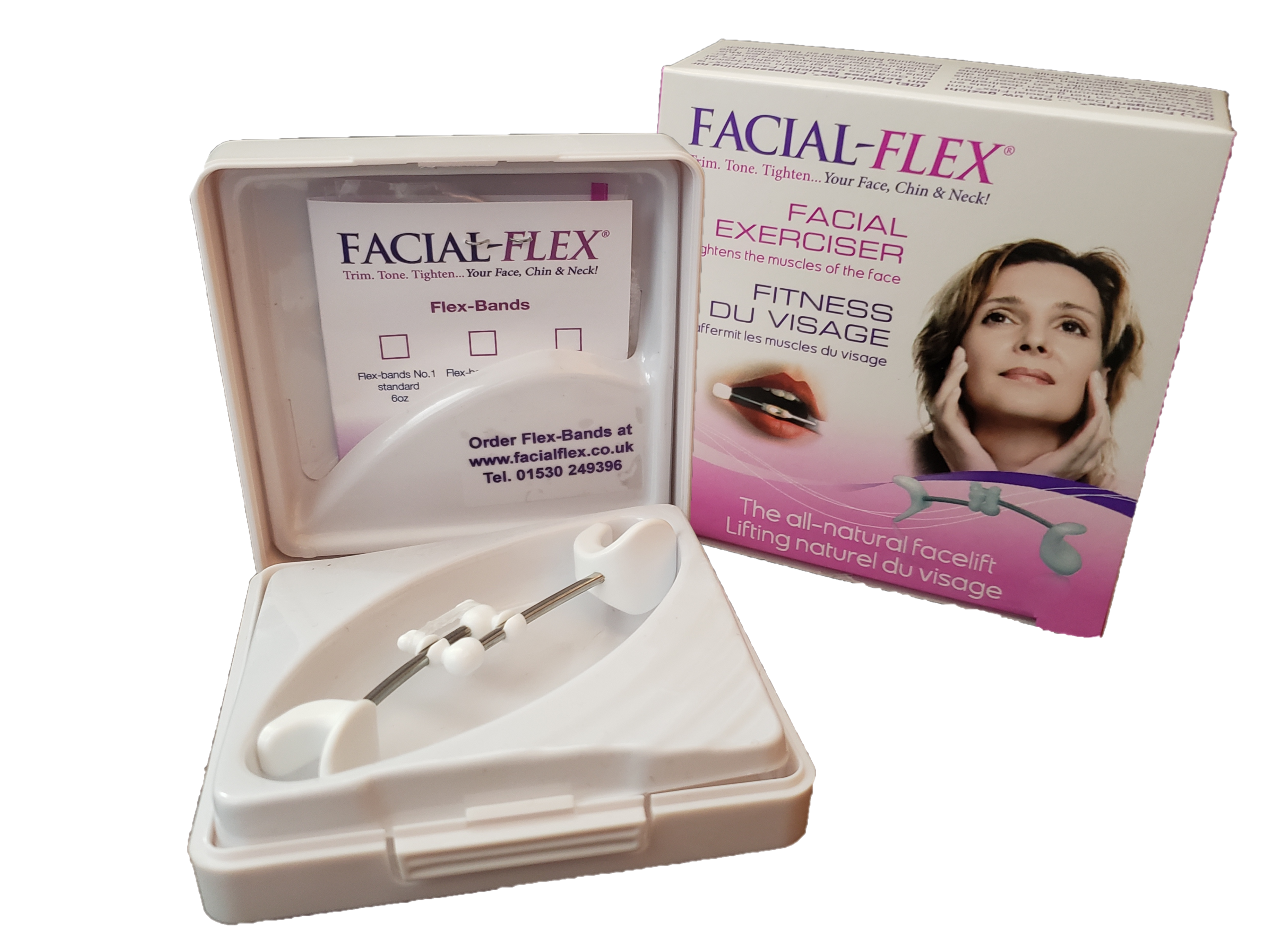 Close up of the Facial Flex outer carton and inner carry case box including the Facial Flex device and packet of resistance bands in situ.