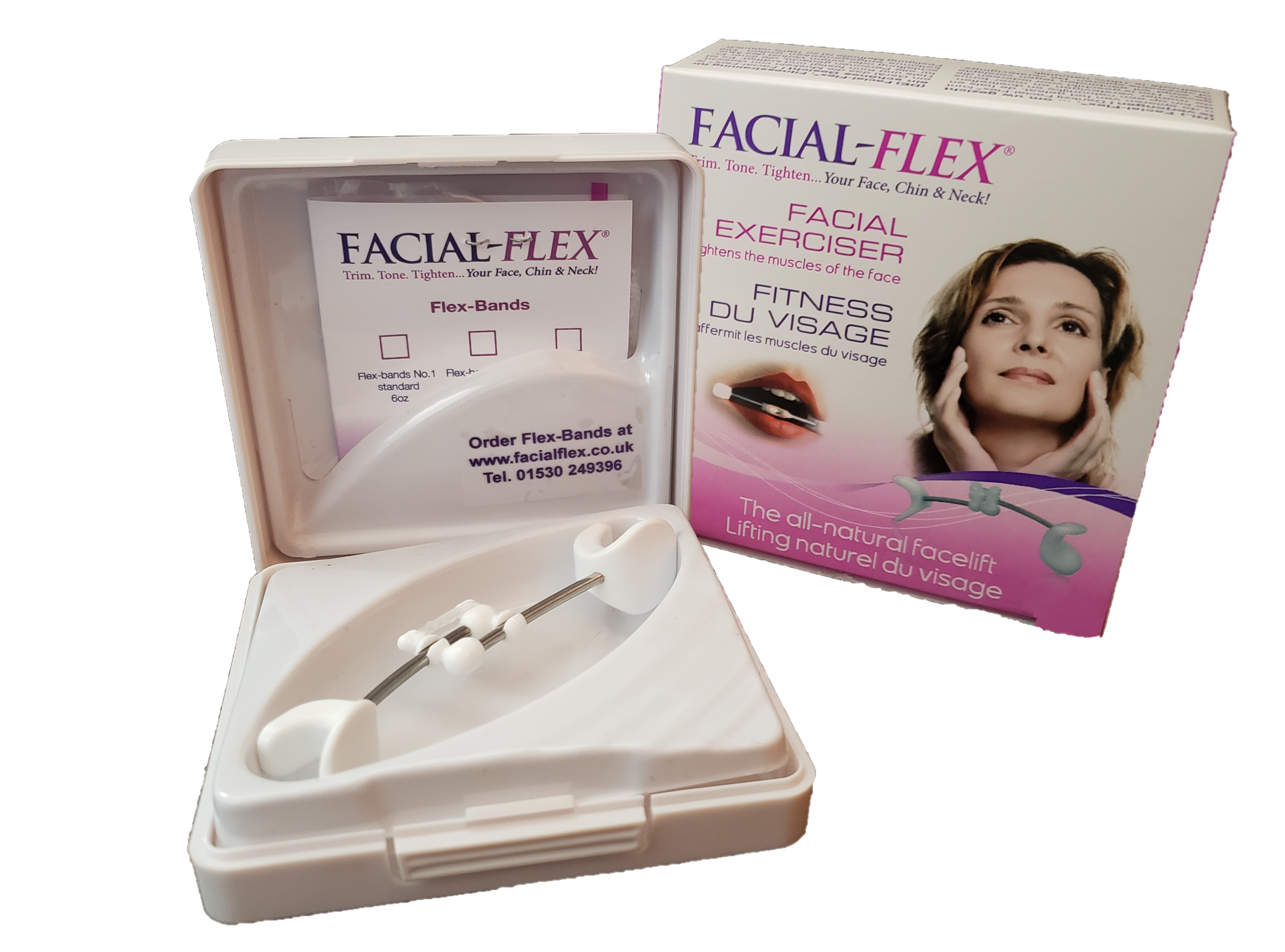 FF & Box Trans Close up of the Facial Flex outer carton and inner carry case box including the Facial Flex device and packet of resistance bands in situ.
