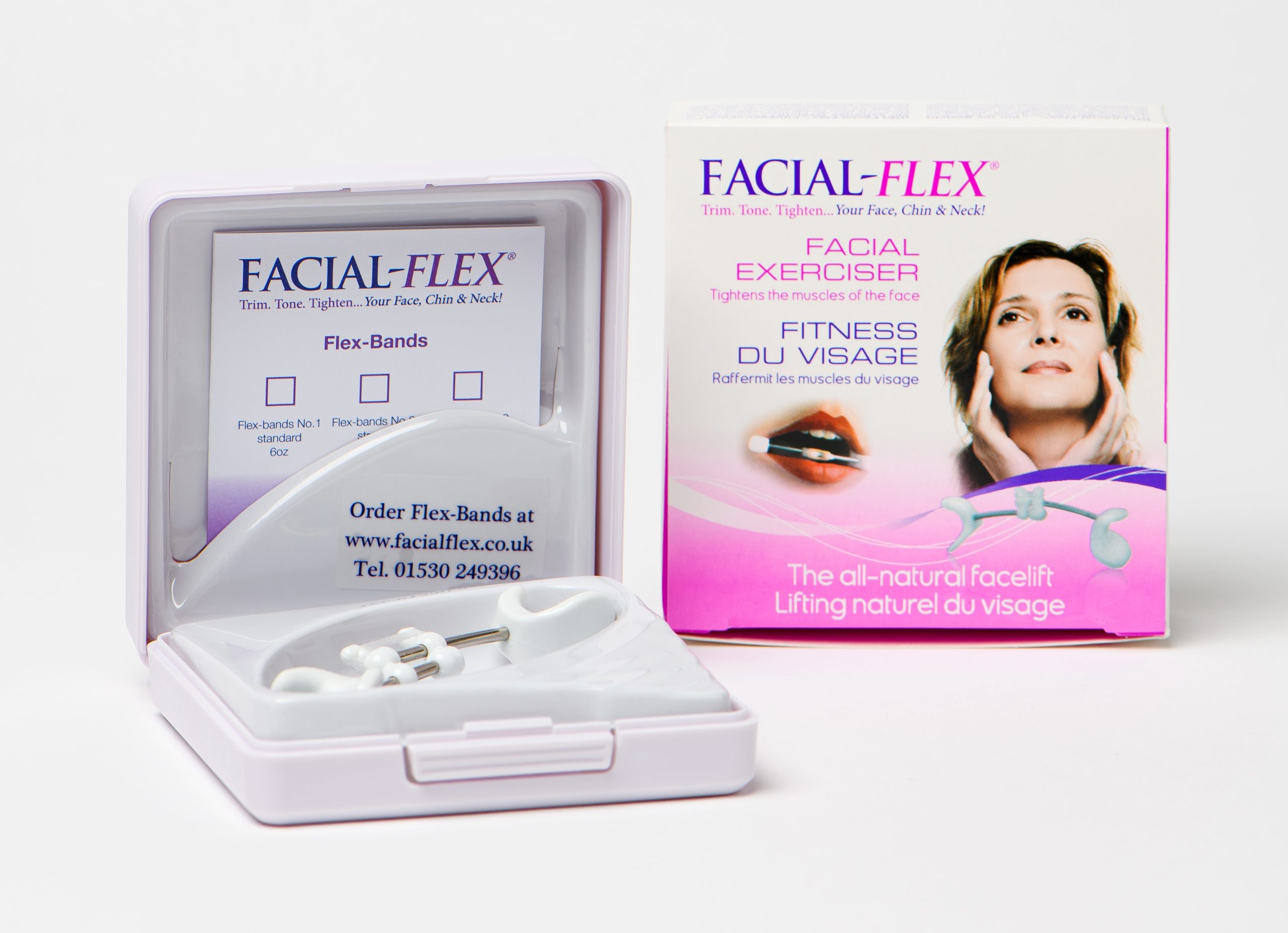Close up of the Facial Flex outer carton and inner carry case box including the Facial Flex device and packet of resistance bands in situ.