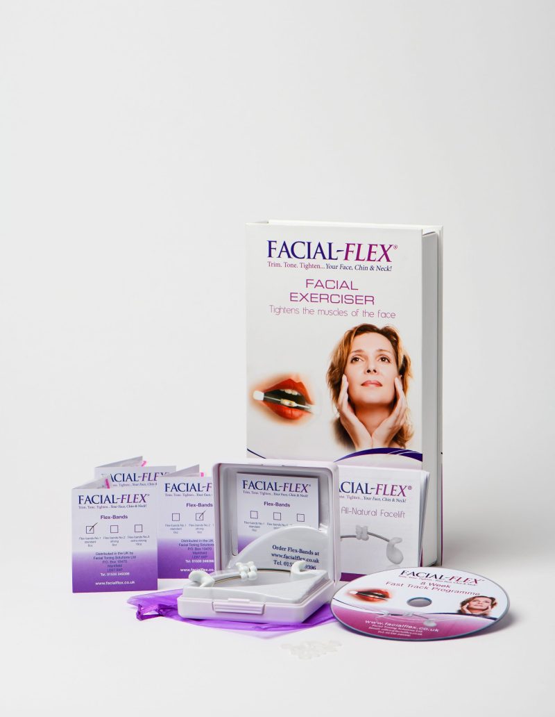 An image of a Facial Flex Fast Track Pack showing all the contents including a Facial Flex Facial Exerciser