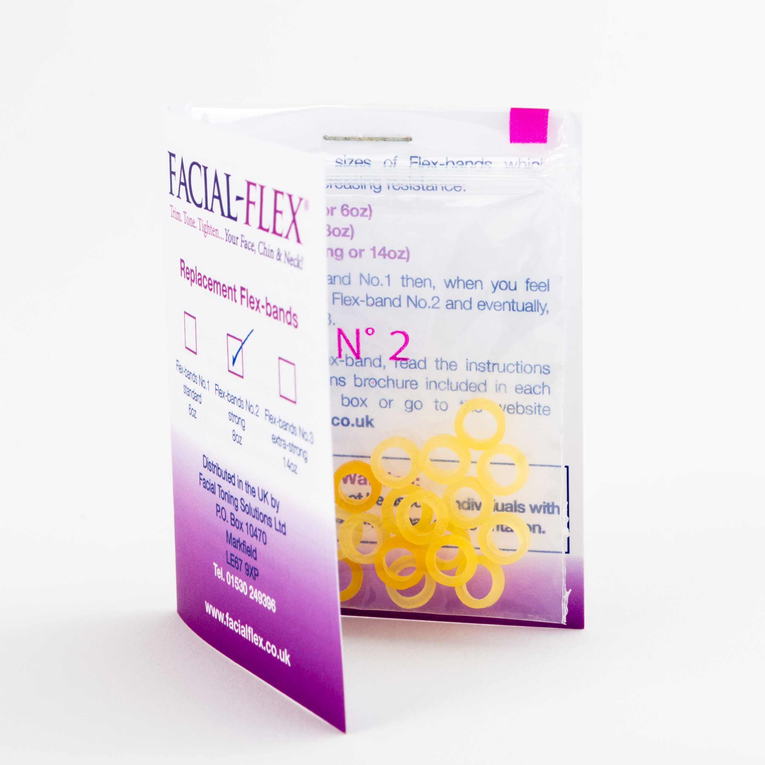 No. 2 8oz (Strong) Latex Facial Flex Bands - two packs of 10 bands stapled to an instruction card